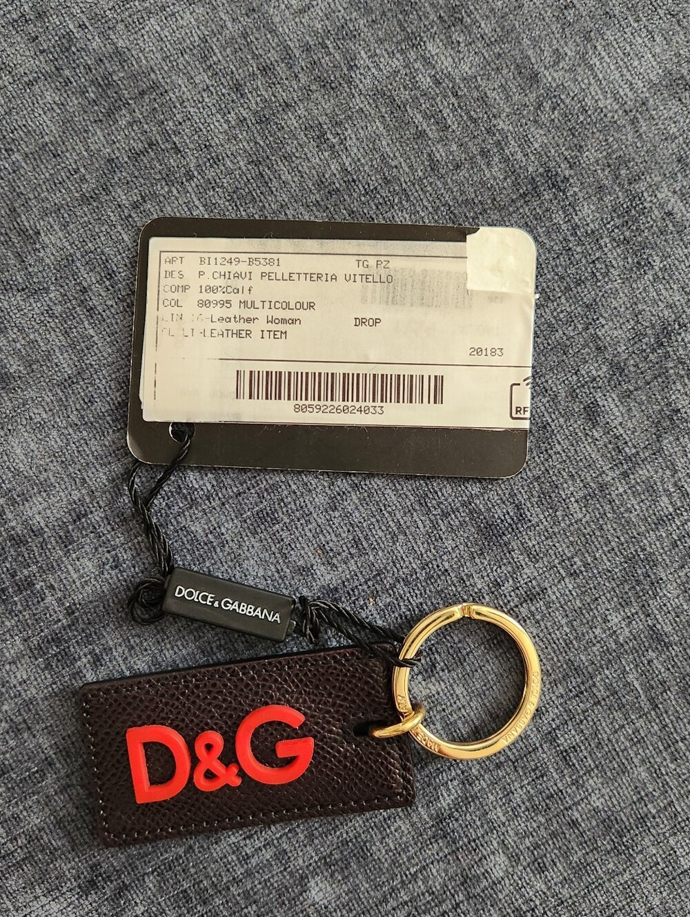 Dolce & Gabbana Brown Leather Key Ring with Red D&G Logo and Gold Ring